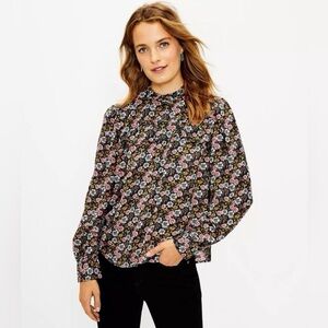 LOFT Cottagecore Floral Blouse Ruffle Bib Keyhole Dark Academia Vintage Style M
